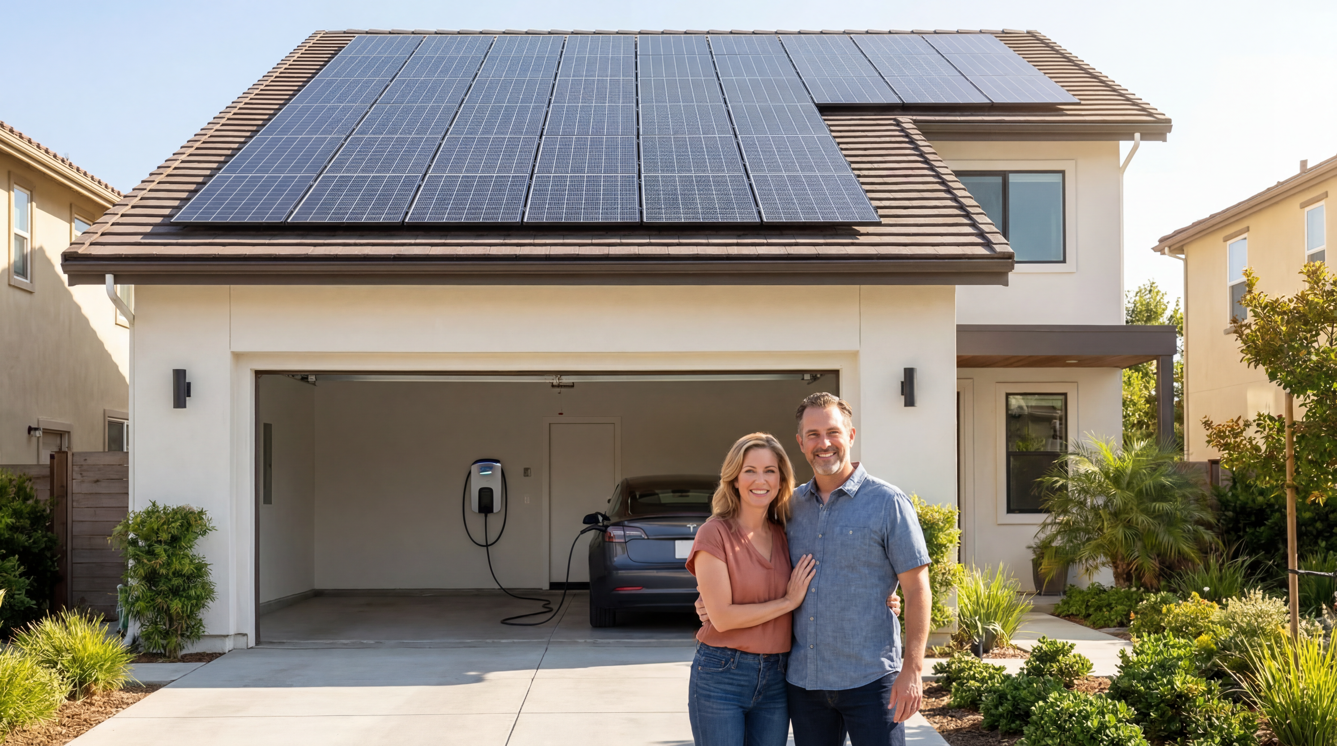 Zufriedenes Kundenpaar vor ihrem Haus mit Photovoltaik-Anlage, Wallbox und E-Fahrzeug